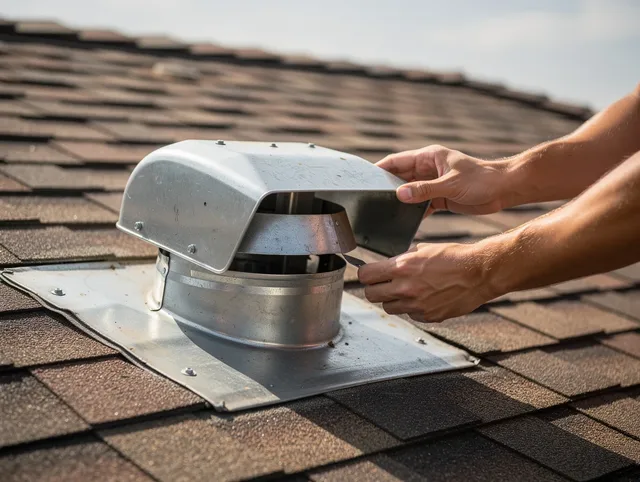 Home Gardens Dryer Vent Cleaning certified technician safely cleaning a roof-mounted dryer vent in Home Gardens