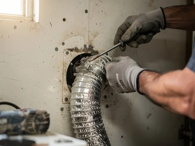 Home Gardens Dryer Vent Cleaning technician performing precise dryer vent hose installation in Home Gardens